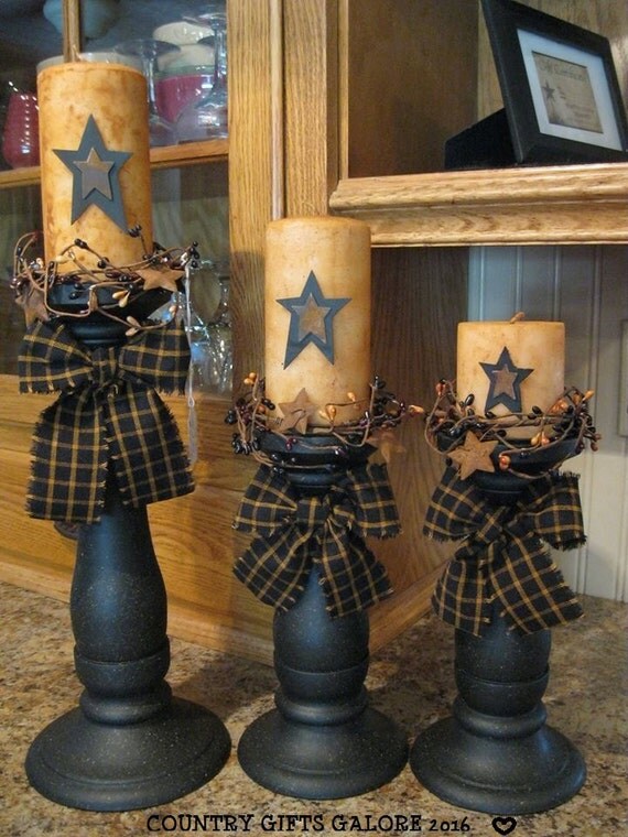 Set of 3 Primitive Wooden Candle Holders by Countrygiftsgalore