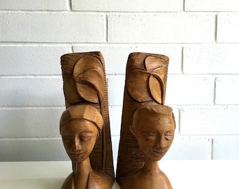 hand carved wooden bookends