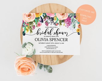 Editable Bridal Shower Invitation | Customized Bridal Shower Invite | Instant Download Watercolor Floral Bridal Shower Invitation