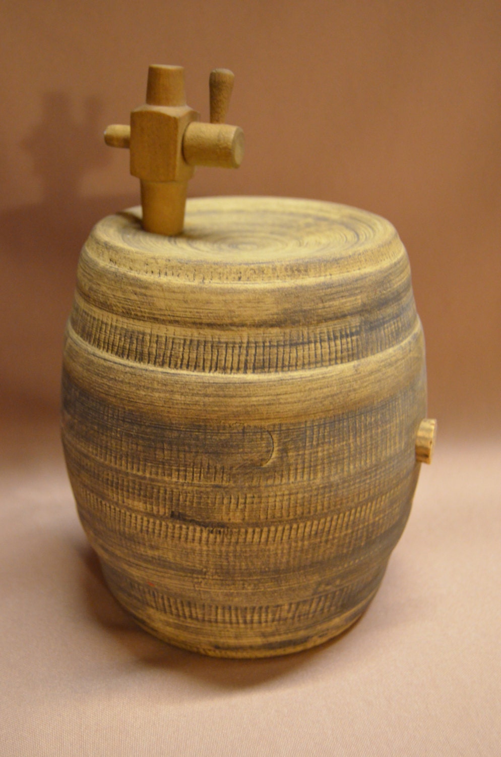 Vintage Ceramic Barrel Decanter Wooden Spigot Tap