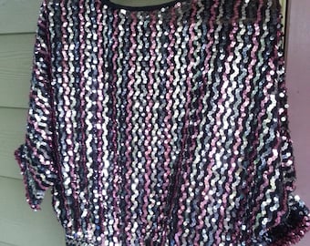 Vintage 70s Sheer Disco Sequin Batwing Top Pink Black Silver Size S
