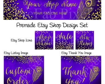 Etsy Shop Banner Set, Gold Glitter Banner, Peacock Etsy Banner, Jewelry Shop Banner, Purple Banner, Banner Design Set, Etsy Cover Photo