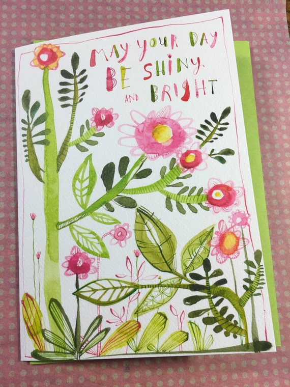 Birthday Card Floral pink and green whimsical Happy