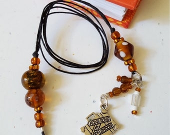 Beaded Bookmark Suitcase/Travelers/ Vacation/ Glass Beaded Cotton Cord With Metal Charm/ Handmade Book Thong/ Journal Marker/ Reader Gift