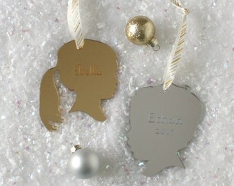 Custom Silhouette Mirrored Ornaments - Personalized with YOUR OWN Silhouette and Name