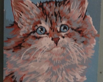 Vintage Paint by Number cat/calico/white/brown cat painting/Feline/Cat Lover/Blue Eyed Kitten