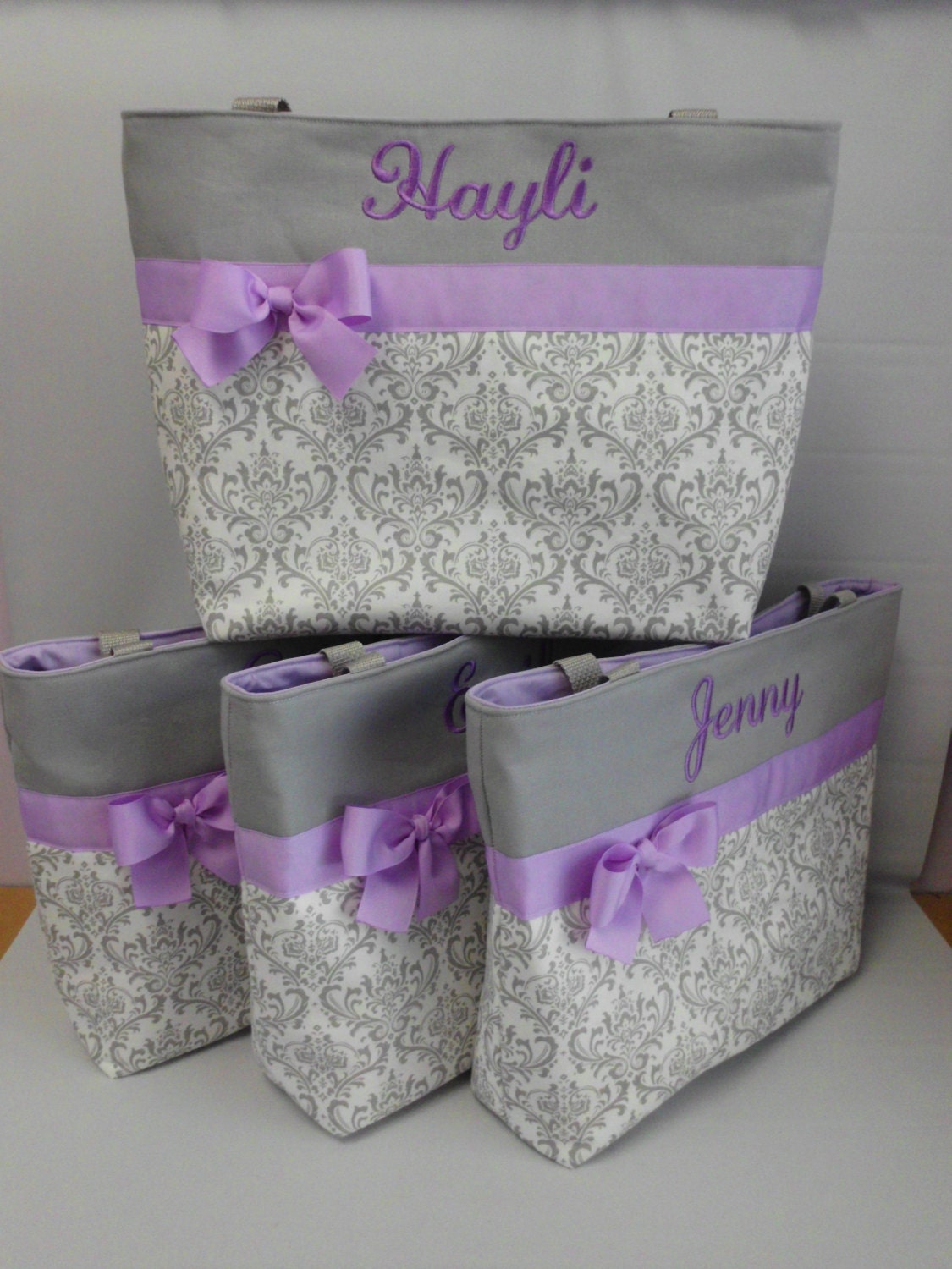 BRIDESMAID Bags Gray DAMASK Set of 6 Monogrammed