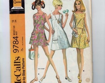 1960s Vintage Dress Pattern McCalls 9784 Misses Dress with Square Neckline in Two Lengths Size 12 Bust 34 1969 60s 99