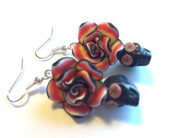 Sugar Skull Earrings Dia De Los Muertos Black Red Rose Skull Earrings