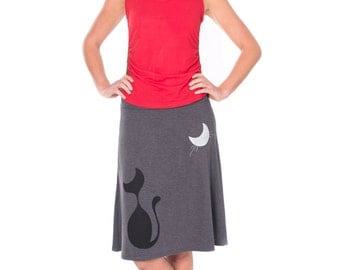 Unique Gift for Cat Lovers, Cat skirt, Graphic skirts, Jersey knit skirts, Charcoal Grey Aline Midi Summer Skirt - Our cat and the moon