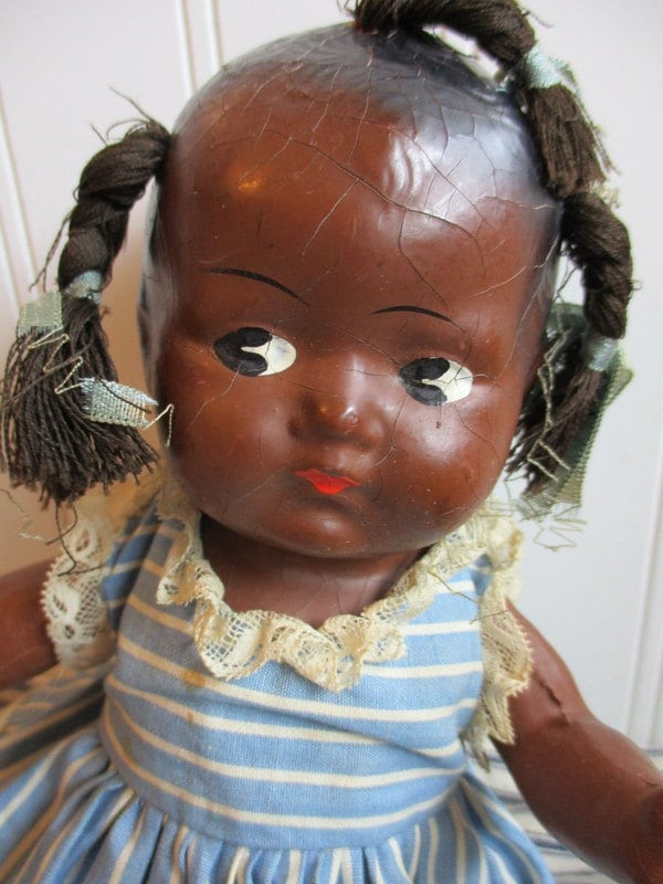 vintage black composition baby doll with braids black