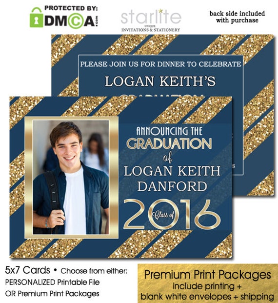 Blue + Gold Glitter Graduation Invitation