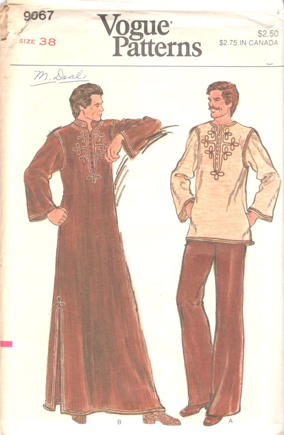 Vogue 9067 1970s Mens Pullover Side Slit Caftan or Tunic