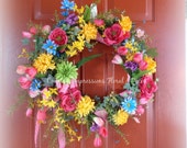 Springtime Wreath in Multi color flowers on Grapevine base