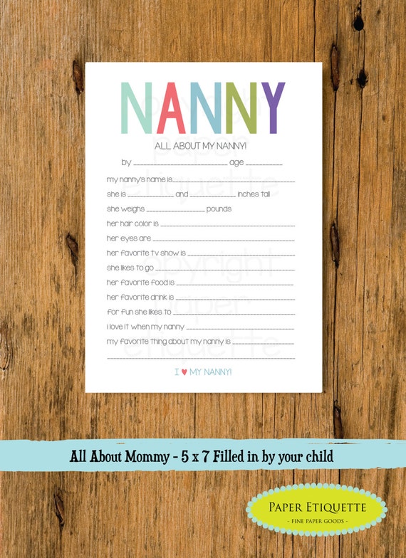 All About My Nanny Mother's Day Gift 5 x 7 Fill In