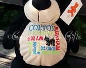 Personalized baby gift, birth announcement, best baby gift, plush, Black Bear,subway art, stuffed animal with name,Original Embroider buddy
