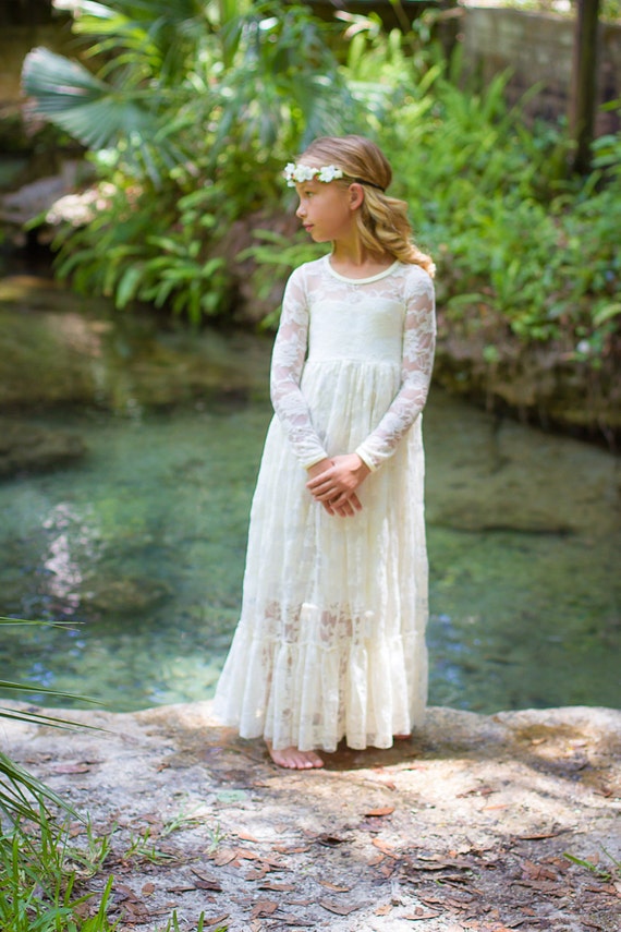 Flower Girl DressWhite Lace Long Sleeve Dress Flower Girl
