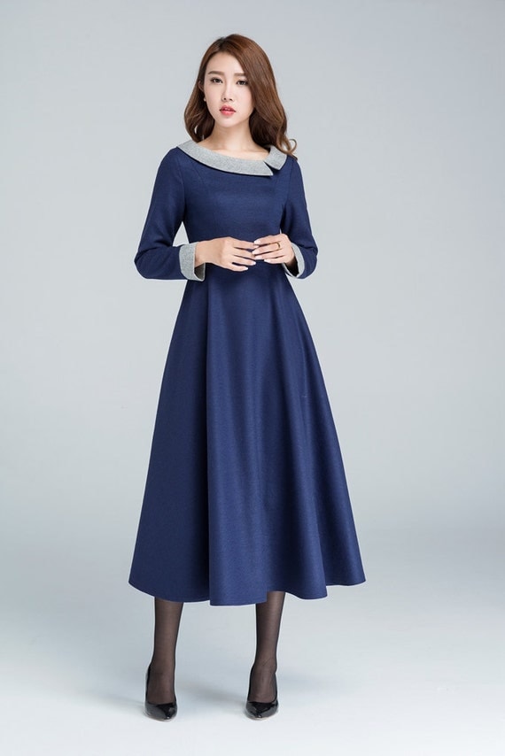 blue wool dress maxi dress winter dress party dress modern