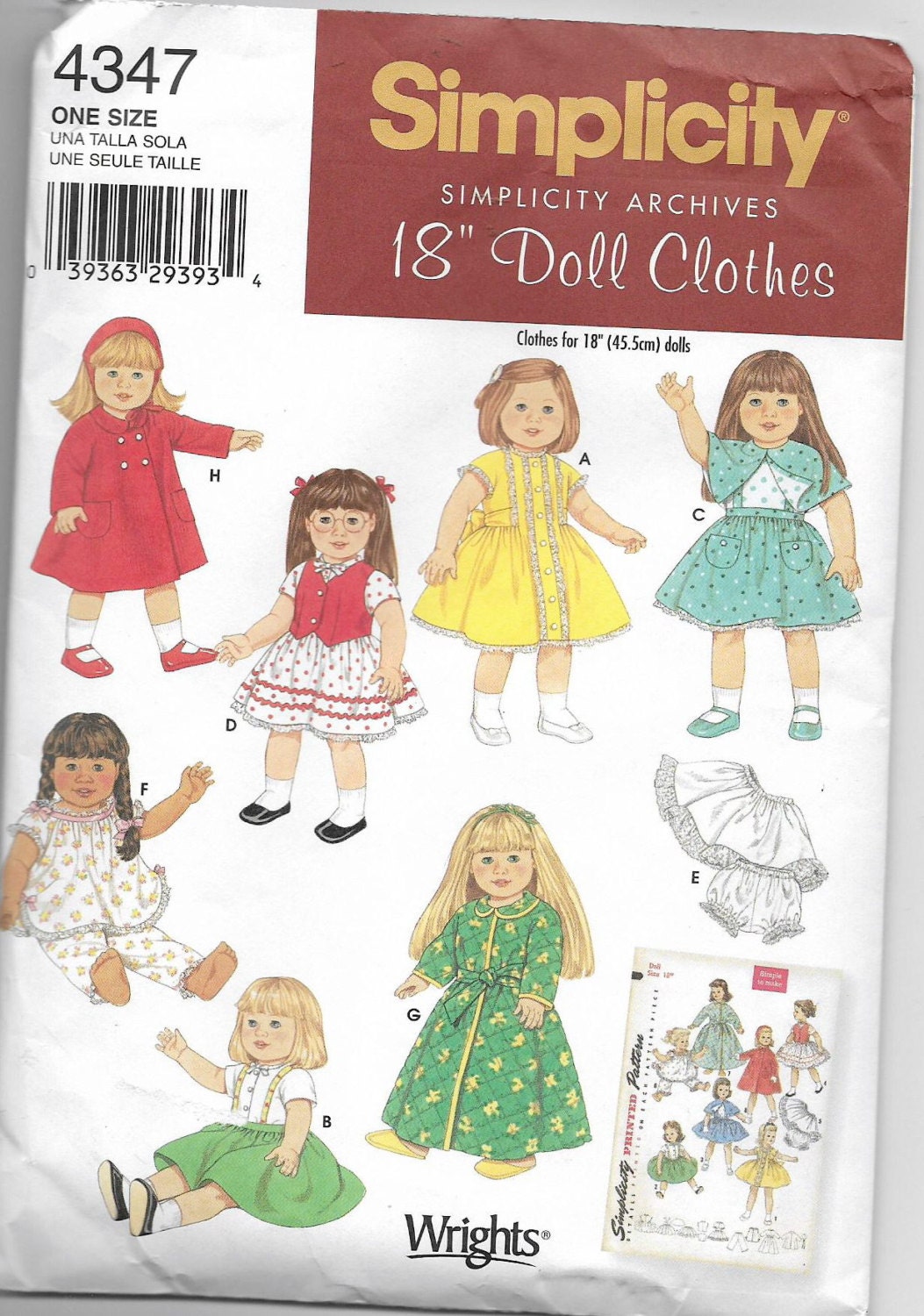 Uncut 18 inch doll Clothes Sewing Pattern Simplicity 4347