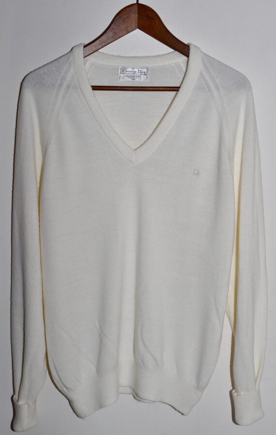 Vintage CHRISTIAN DIOR V Neck Sweater White Soft Orlon Mens