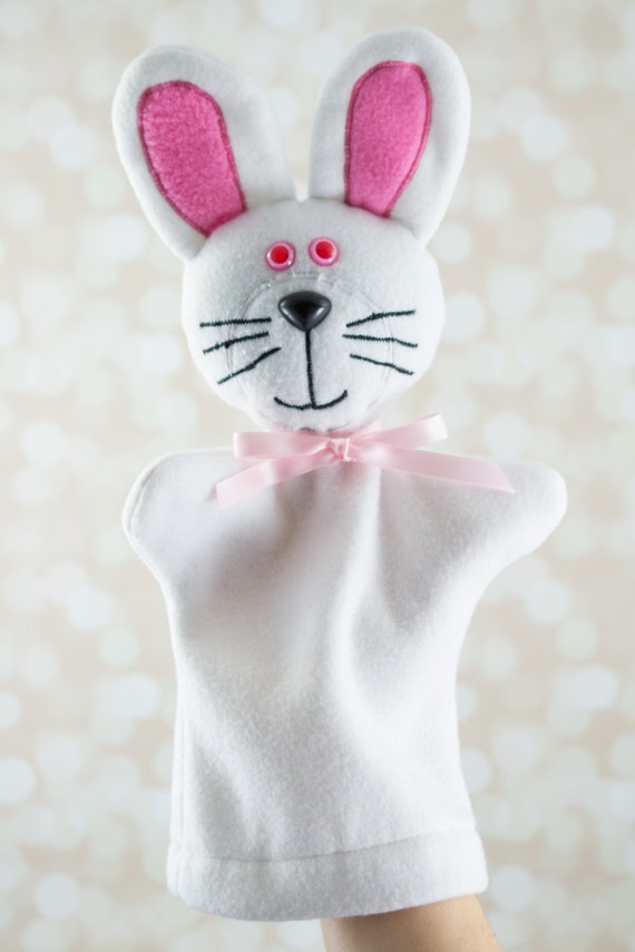 Bunny Rabbit Hand Puppet White and Pink by DancingFerretCrafts