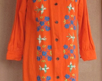 Vintage 60s - Bright orange embroidered cotton long sleeves jacket or dress