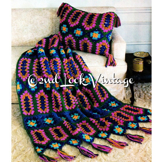 Vintage Crochet Pattern Granny Square Jewels Afghan Diamond Pillow 1970s Digital Download PDF