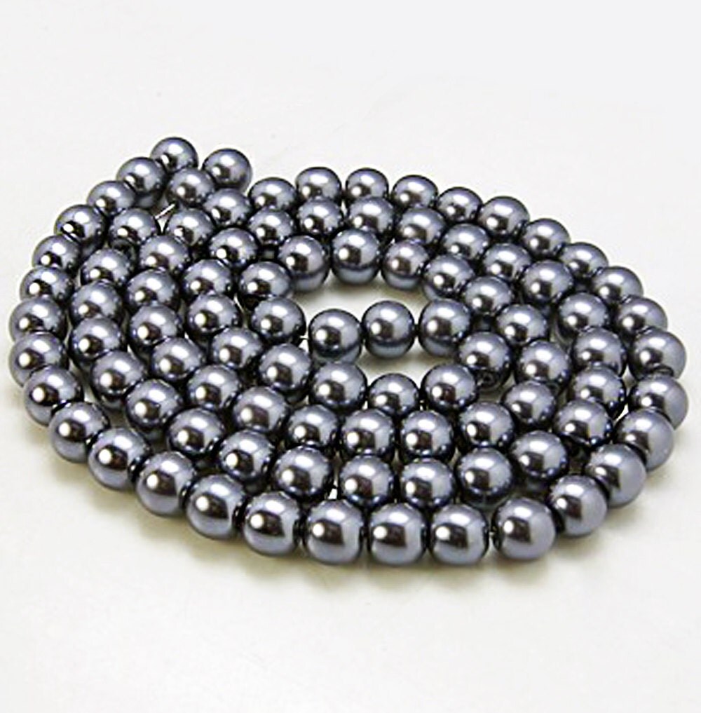 140 Glass Beads 6mm Faux Dark Grey Pearl Strand BD372