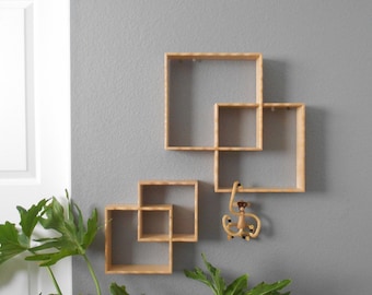 vintage interlocking cubed wooden shelf display / interlocked wall hanging rack / shadow box