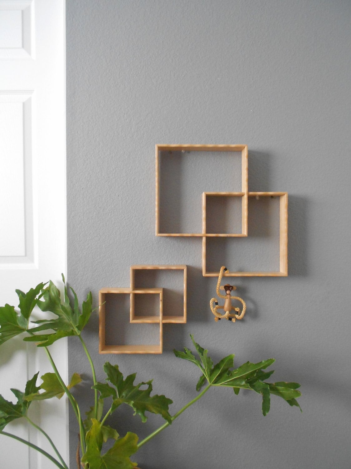 vintage interlocking cubed wooden shelf display / interlocked wall
