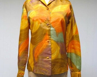 Vintage 1950s Blouse / 50s Abstract Earthtone Nylon Hawaiian Top / Medium