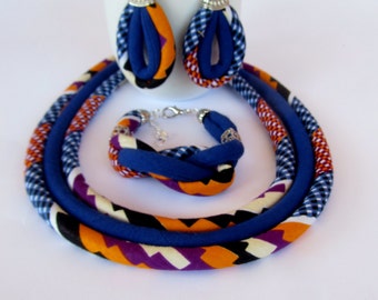 Cobalt-Blue Kente Set - African Jewelry Earrings Bracelet Necklace Set