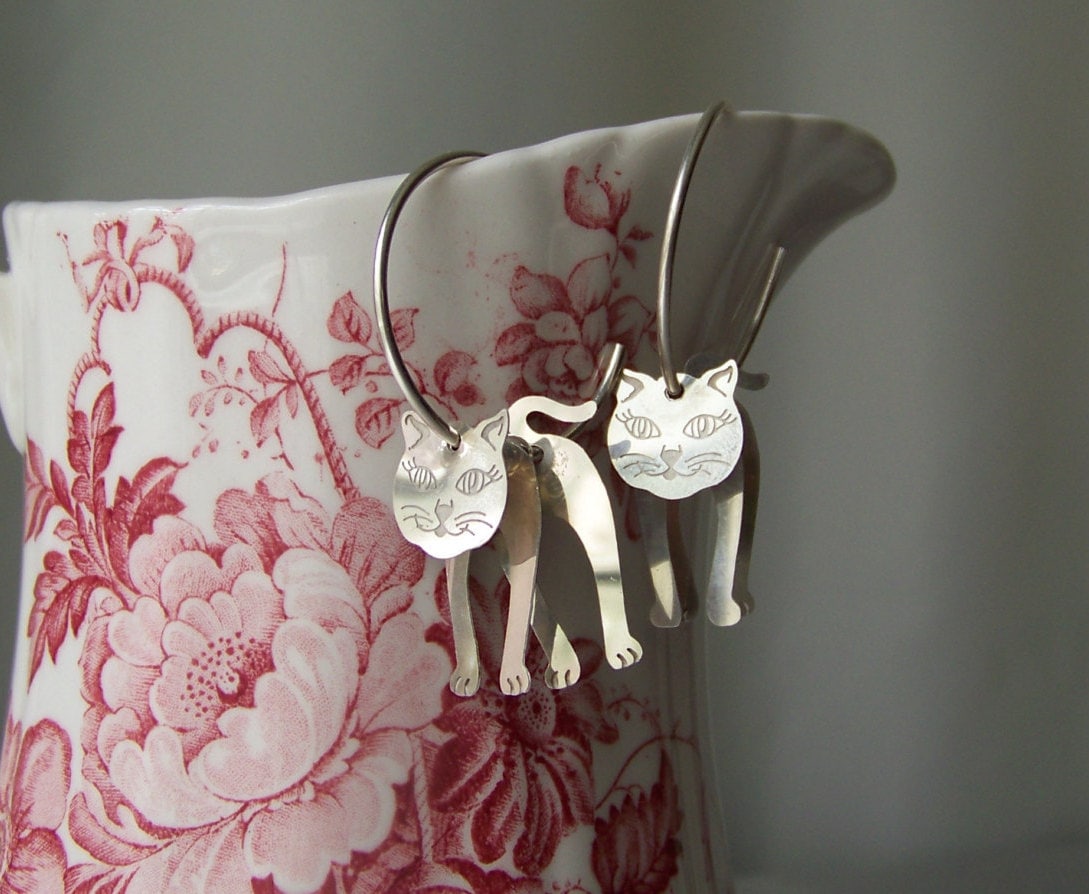 Vintage Cat Earrings 925 Sterling Silver Pierced Earrings