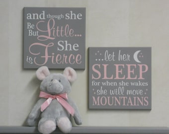 Baby Girl Nursery Decor Sign Pink Gift- let her sleep for when she wakes she will move mountains, and though she be but little she is fierce