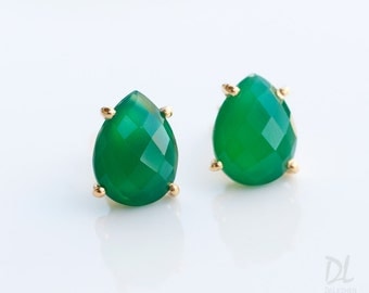Green Onyx Stud Earrings - Gemstone studs - Gold Stud Gemstone Earrings - Tear drop Stud - Prong Set studs