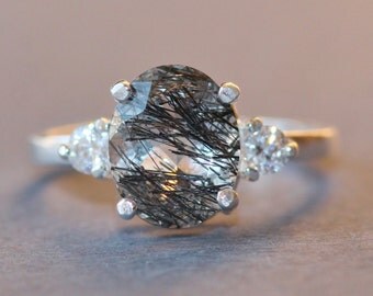 NEW Tourmalated Quartz Gemstone Ring,Premium Tourmalated Quartz 925 Sterling Silver Band,Unique,White Sapphire Gemstone,Womens Ring,Faceted