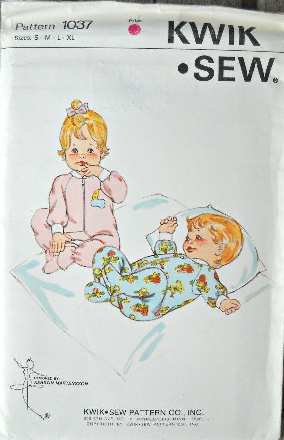 Kwik Sew 1037, Baby Sleeper pattern, sizes S, M, L, XL, Vintage 1980