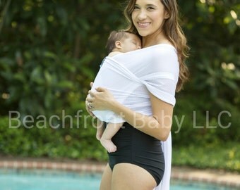 USA made Beachfront Baby Wrap Carrier- Safe water babywearing at the beach, pool, water park or in the shower- WHITE WAVE mesh