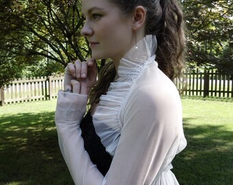 Sheer ivory tulle bridal shrug bolero thumb hole long sleeve romantic ruffled tulle sexy sheer off white translucent minimalistic see thru