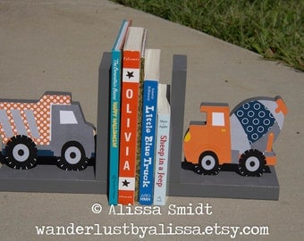 Construction Bookends, Wooden Dump Truck Cement Truck Bookends - Custom Created to Coordinate with Your Decor (construction)