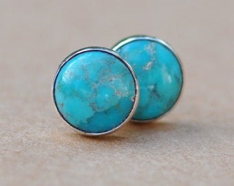 Turquoise Stud Earrings handmade with Sterling Silver settings, 8mm gemstone and silver earrings, turquoise jewelry, december, birthstone