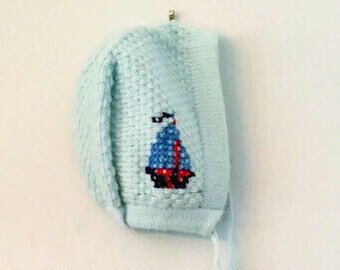 Vintage Acrylic Knit Baby Winter Hat with Sailboat Gift New Baby SHIPS FREE!