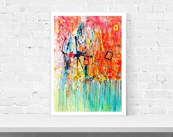 Orange & Blue Wall Art Print - Jellyfish - Turquoise and Orange Abstract Expressionist Print of Original Painting by Louise Mead