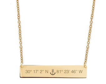 Custom engraved Compass coordinate horizontal nameplate necklace • Engagement, Wedding or honeymoon location • 14k yellow gold fill