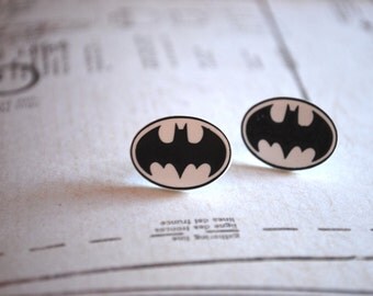 Batman Earrings -- Batman Studs, Black Batman, Black and White