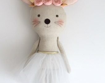 MADE TO ORDER. Pink & Gold mouse ballerina in a white tutu. Stuffed animal mouse. Rag dolls. Nursery decor. Birthday gift idea.
