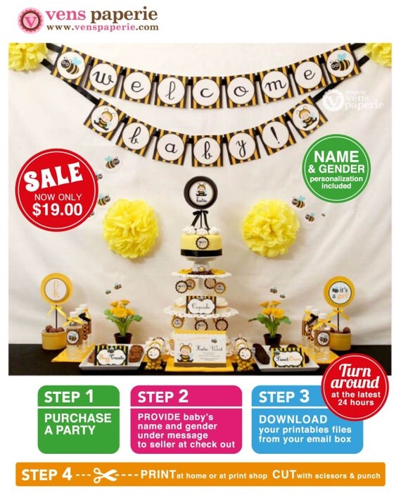Bumble Bee Baby Shower Package Personalized FULL Collection Set - PRINTABLE DIY - BS816CB1x Il_570xn