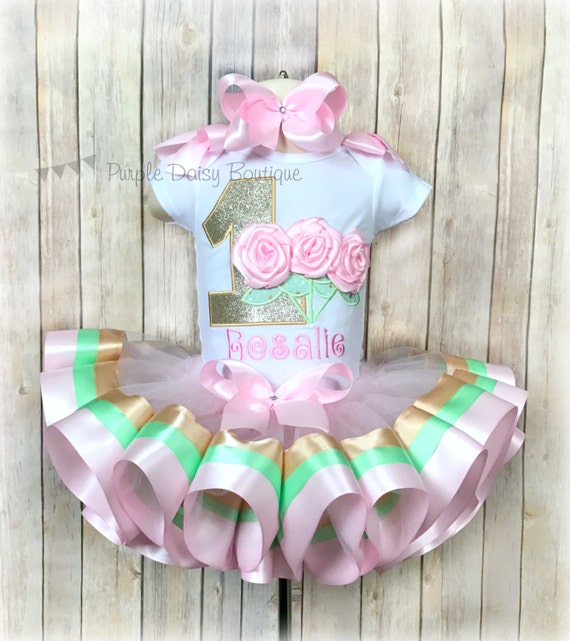 Vintage Roses Garden Party Tea Party Theme Birthday Ribbon Trim Tutu Outfit in Gold, Light Pink, and Mint Green Il_570xn
