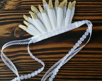 Feather Crown/ Gold Glittered Feather Crown/ Feather Headband/ White Gold Feather Crown/ Photo Prop/ Girl Accessory/ Baby Accessory
