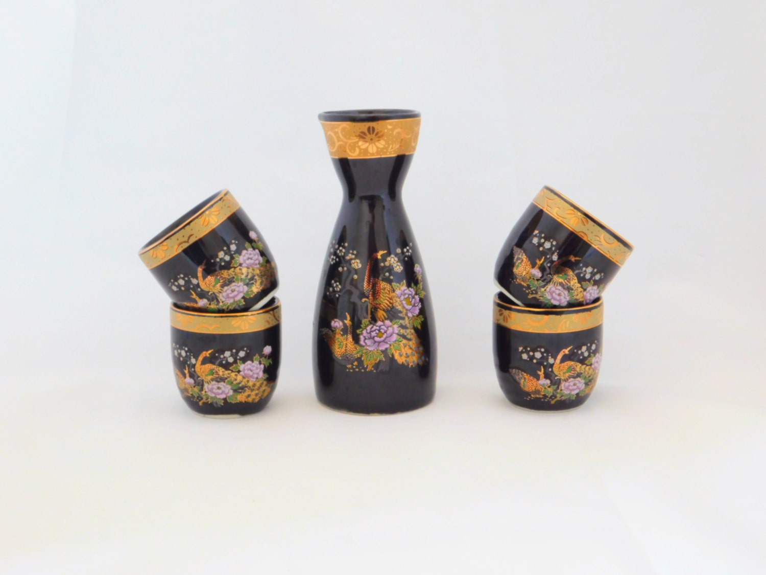 Sake Set 4 Cups Black Sake Set Japan Sake Set Asahi by oldandnew8
